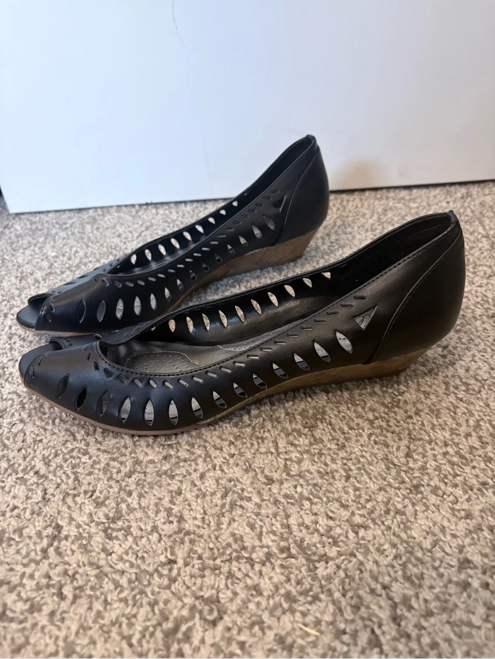 dexflex comfort Black Peep-Toe Cutout Wedge Pumps